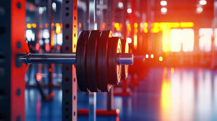 Vibrant and energetic gym scene featuring close up of barbell with weights, illuminated by warm lighting
