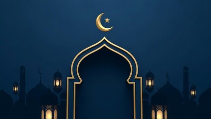 Fototapeta premium Ramadan Kareem Islamic Arch with Crescent Moon and Lanterns at Night