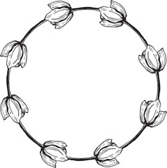 hand-drawn flower wreath with tulips flowers. The design is simple and elegant, suitable for invitations or decorative purposes.