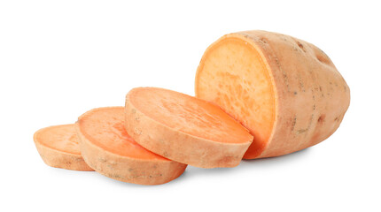 Pieces of raw sweet potato isolated on white