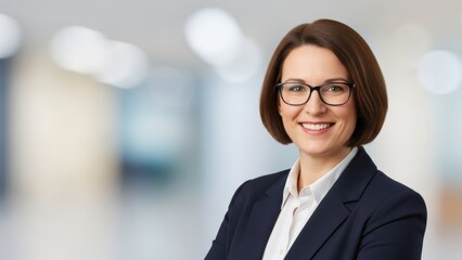 Professional Businesswoman with Glasses Smiling Confidently in an Office Setting