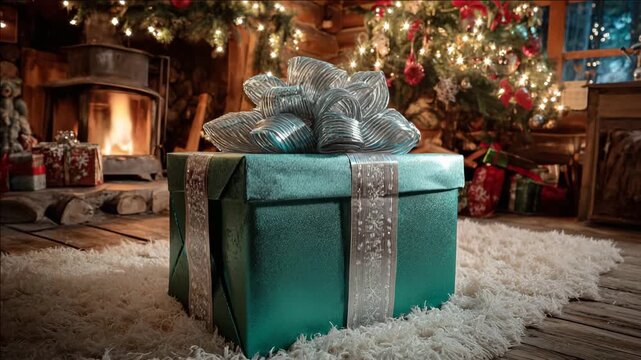 A festive Christmas tree stands adorned with gold ornaments and red ribbons surrounded by a pile of colorful gift boxes and presents for a joyful New Year holiday celebration in the winter season