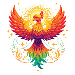 Fototapeta premium Vibrant phoenix rising with radiant sun and stars