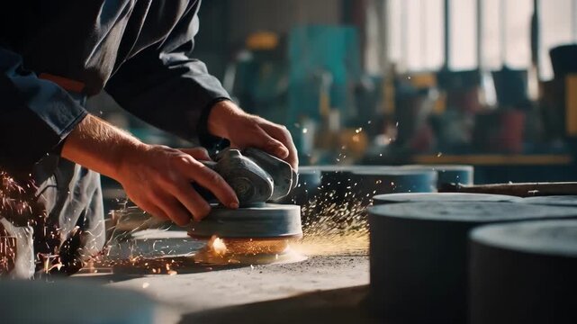 Medium shot of a worker manually smoothing rough casting surfaces using a handheld surface grinder in an industrial workshop setting.