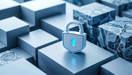 Open Padlock on Textured 3D Blocks in Blue and Gray