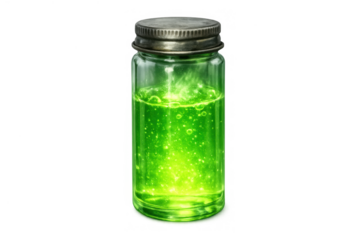 Glowing green liquid bubbling inside a glass jar, showing magical elixir or dangerous chemical agent