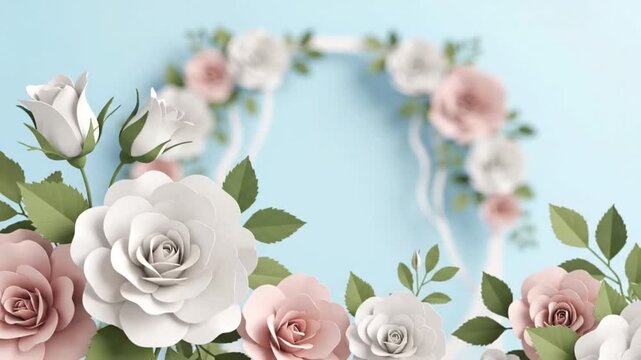 3D Paper flower wreath border with white and pink roses on pastel blue background. Wedding and spring invitation concept.