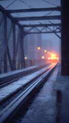 Obraz premium Snowy elevated train tracks steel bridge urban winter night snowfall blurred lights transportation city cold rail