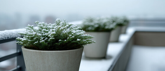 Snowy rooftop garden planters winter balcony urban view serene cold morning frost green shrub minimal