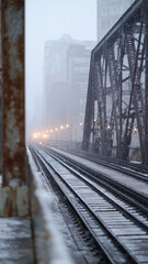 Fototapeta premium Snowy elevated train tracks steel bridge urban cityscape winter weather falling snow moody light vanishing point rail line