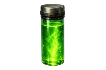Glass vial containing glowing green liquid, representing magic, mystery, power, or a vital potion for fantasy and alchemy concepts