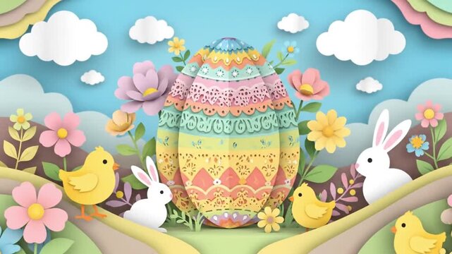 Pastel paper art Easter scene with ornate egg, cute bunnies, and chicks. Spring holiday background.