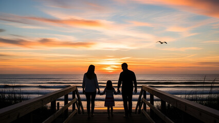 Family of three holding hands walking down wooden stairs to beach at serene orange and blue sunset with seagull flying overhead with love and peaceful and leisure and relaxation with romantic