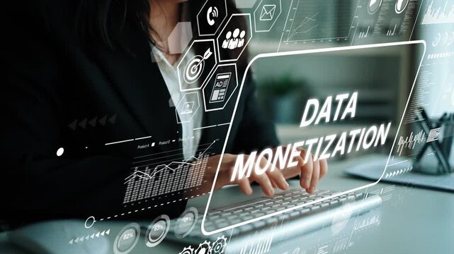 Innovative Businesswoman Engaging in Data Monetization Strategy with Technology Interface and Graphical Elements. Asymptotic smart data analytic.
