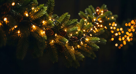 Illuminated pine branches decorated with glowing string lights a