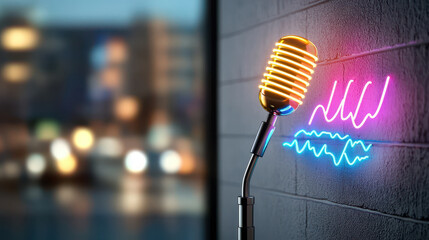 Vibrant retro microphone stands against textured wall, illuminated by colorful neon lights, creating lively atmosphere for music and performance