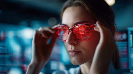 Woman wearing red glasses observing glowing digital data, reflection in lenses, faceless framing, futuristic analysis concept, defocused background, with copy space