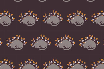 Seamless cat pattern with autumn leaves, swatch available in swatches panel, cute sleeping cats on dark background
