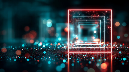 Neon square frames forming a tunnel illusion, futuristic digital space, abstract 3D design, glowing particles, defocused depth, with copy space
