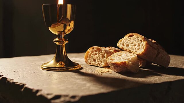 Golden chalice and bread on altar changing focus, communion ritual symbolism. Eucharist concept, Christian ceremony, faith and sacral worship.