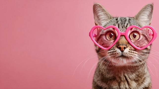 A curious cat wearing pink heart-shaped glasses on a pink background - Powered by Adobe