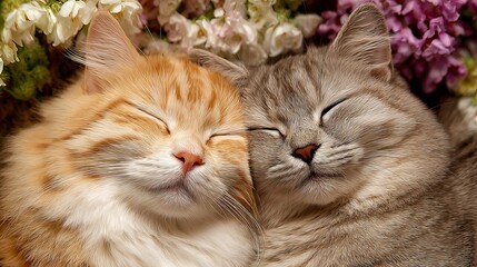 Two adorable cats peacefully sleeping together surrounded by beautiful flowers