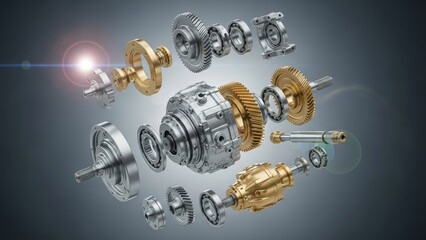 Exploded view of complex mechanical gears and transmission components with metallic textures and subtle lens flare