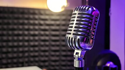 Vintage microphone in a recording studio with purple lighting