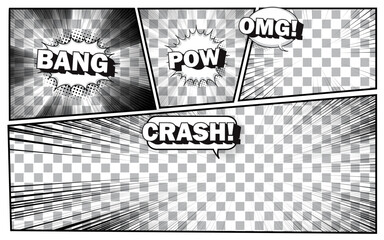 Abstract black and white comic page background art template.