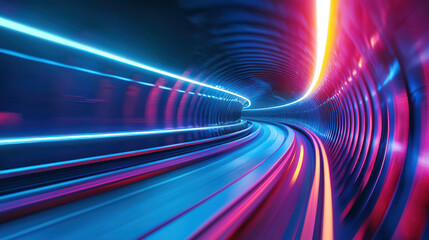 Vibrant tunnel with glowing neon lights creates dynamic and futuristic atmosphere, showcasing blend of blue and pink hues