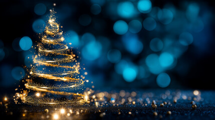 Blue festive background with abstract golden glitter Christmas tree made of light trails, sparkling particles, modern holiday design, defocused glow, with copy space