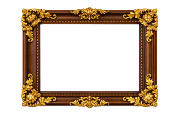 Ornate gold wooden picture frame with vintage baroque style border on a transparent background