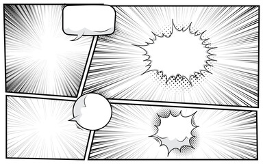 black and white comic book page panel background. vector illustration.