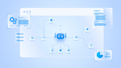 AI workflow automation artificial intelligence. ai agent workflow diagram dashboard machine learning showing node input, processing module, analytics panel and process flow.