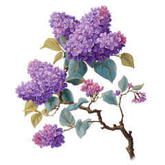 Purple and Pink Lilac Flowers on Branches with Colorful Leaves Isolated on Transparent Background PNG