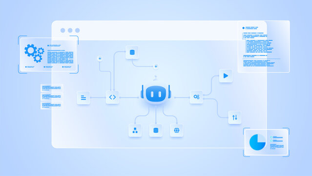 AI workflow automation artificial intelligence. ai agent workflow diagram dashboard machine learning showing node input, processing module, analytics panel and process flow.