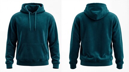 Dark Teal Velvet Hoodie Mockup, Front and Back View on White Background. Blank Pullover Sweatshirt with Drawstrings and Kangaroo Pocket. Apparel Template for Design.