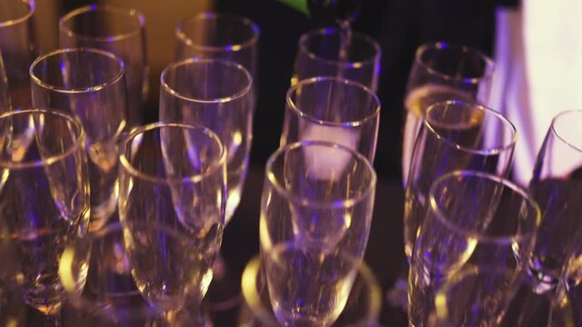 Alcohol setting on catering banquet table, bartender pouring liquor beverages, row line of different colored alcohol drinks on party, glass of wine, sparkling wine on decorated banquet table event