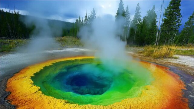 Steam rises from the vibrant Grand Prismatic Spring in Yellowstone National Park, a hot thermal pool set against a geothermal landscape of mountains and sky in the Wyoming nature wilderness