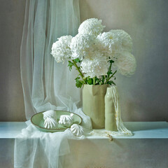 An exquisite bouquet of delicate white chrysanthemums with marshmallows
