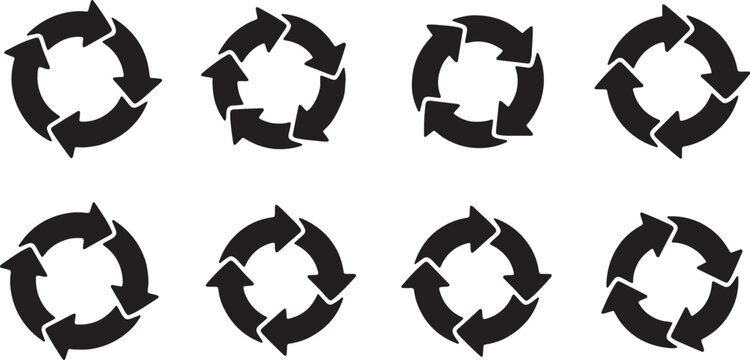 Eight black circular arrow symbols with different arrowhead styles arranged in two rows of four also transparent background