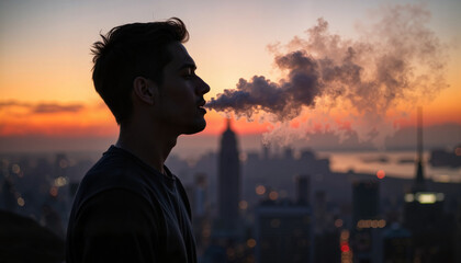 Silhouette of a man exhaling vapor at dawn, urban reflection