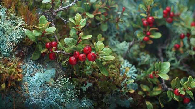 A close-up view of vibrant red berries growing on a lush green bush surrounded by moss and other foliage in a serene natural environment. - Powered by Adobe