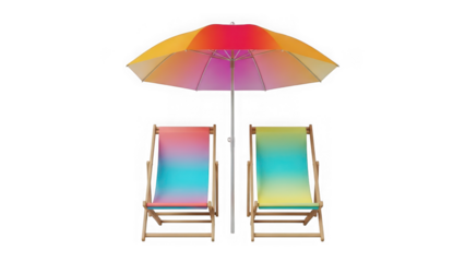 Summer beach umbrella and two deck chairs with vibrant rainbow gradients isolated on grid