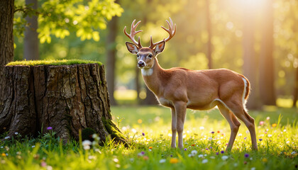 Majestic deer standing beside moss-covered tree stump in forest, tranquility