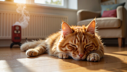 Ginger cat sleeping by warm heater in cozy living room, peaceful comfort