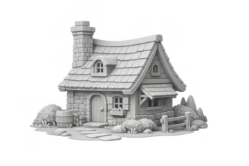 Miniature fantasy cottage model creating a whimsical medieval village scene, detailed 3d rendering with transparent background