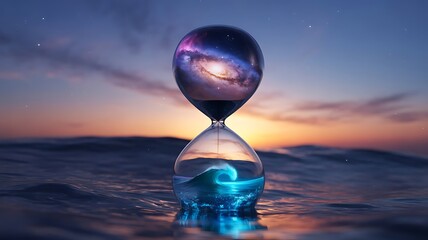 Hourglass with Galaxy Floating on Ocean Sunset