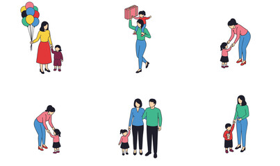 Fototapeta premium Happy Family and Mother with Child Vector Set Showing Parenting Moments, Care, Love, Childhood Activities, and Daily Life Scenes Illustration