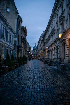 Historic Old Town Street at Blue Hour in Bucharest, Romania, Travel Tourism Concept